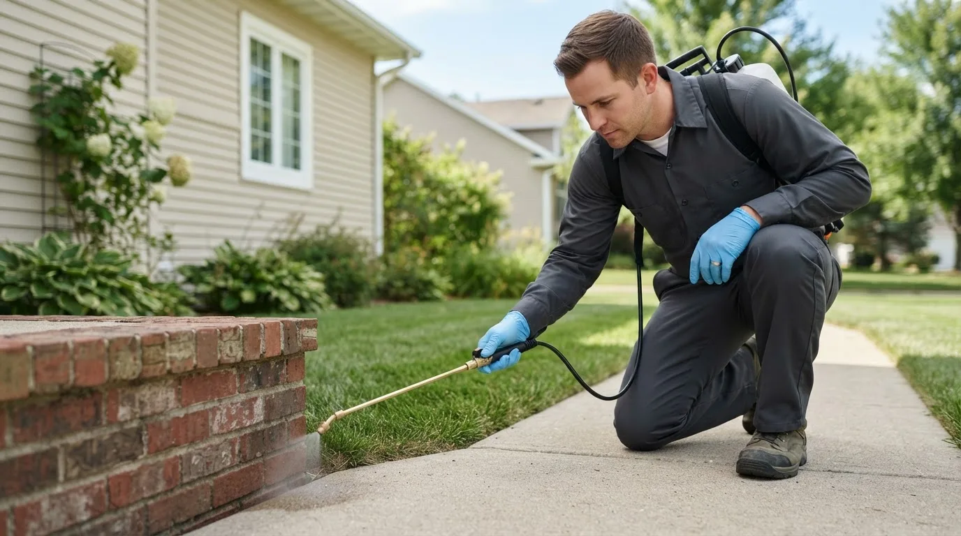Pest control technician treating a home near Deanville, TX