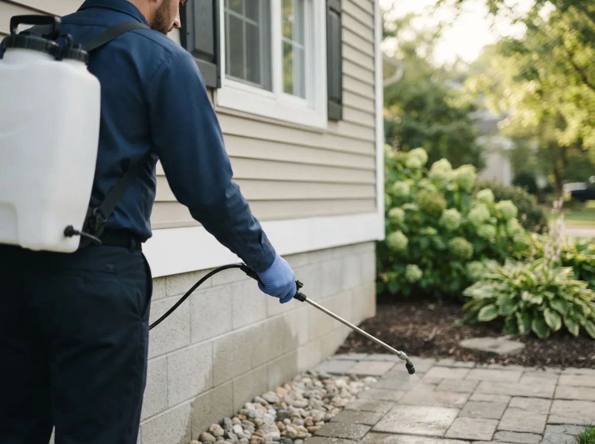 Pest control technician inspecting a home in Deanville, TX